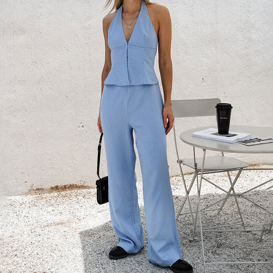 Dame elegant halterneck bluse med V-udskæring og struktureret design Stilla