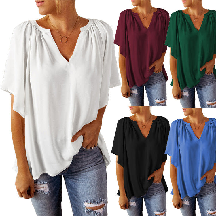 Dame elegant bluse med flydende V-udskæring og halvtransparent ærmer Stilla