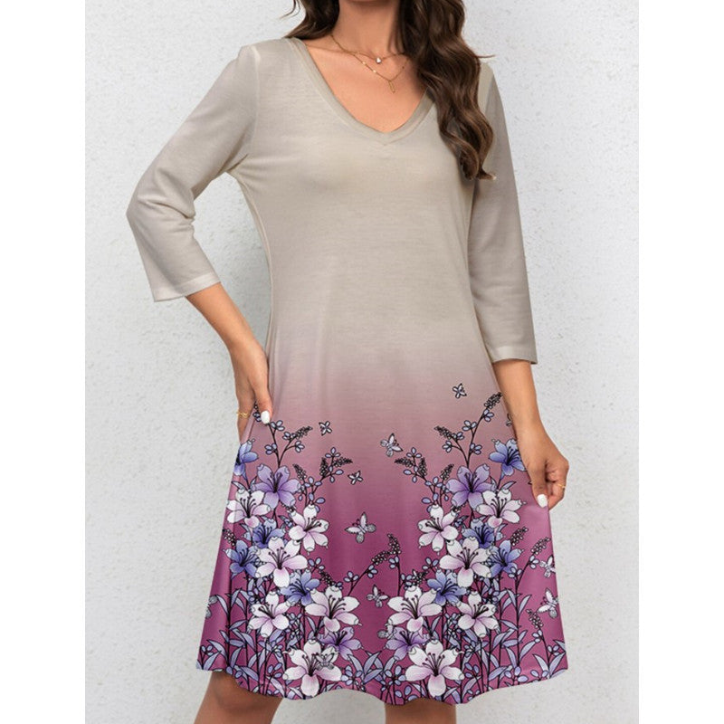 Dame A-linie kjole med blomstermotiv og praktiske lommer Stilla