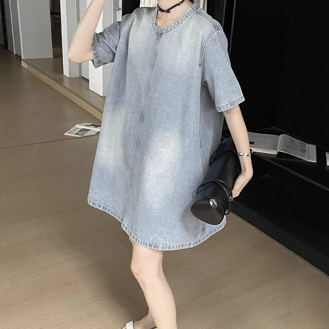 Dame afslappet denim-overdel med rund halsudskæring og korte ærmer Stilla