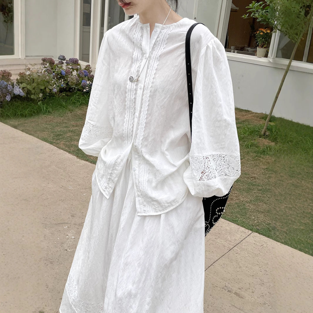 Dame elegant bluse med kunstfærdig spidsdekoration Stilla