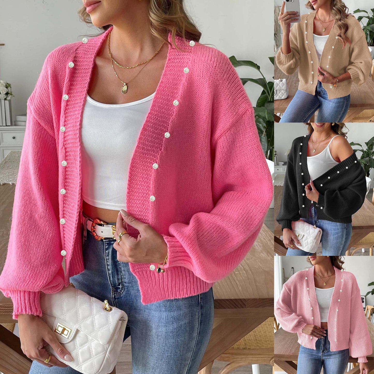 Dame cardigan med perledetaljer og afslappet snit Stilla