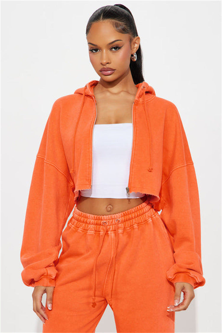 Dame afslappet oversized cropped sæt med lynlås og brede ben Stilla