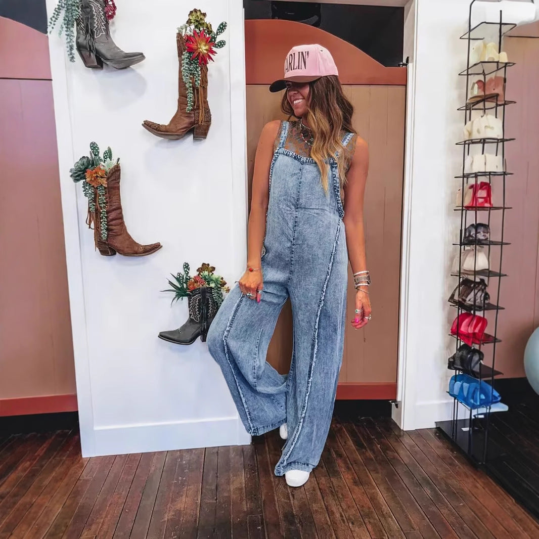 Dame afslappet denim jumpsuit med vidde ben og skulderstropper Stilla