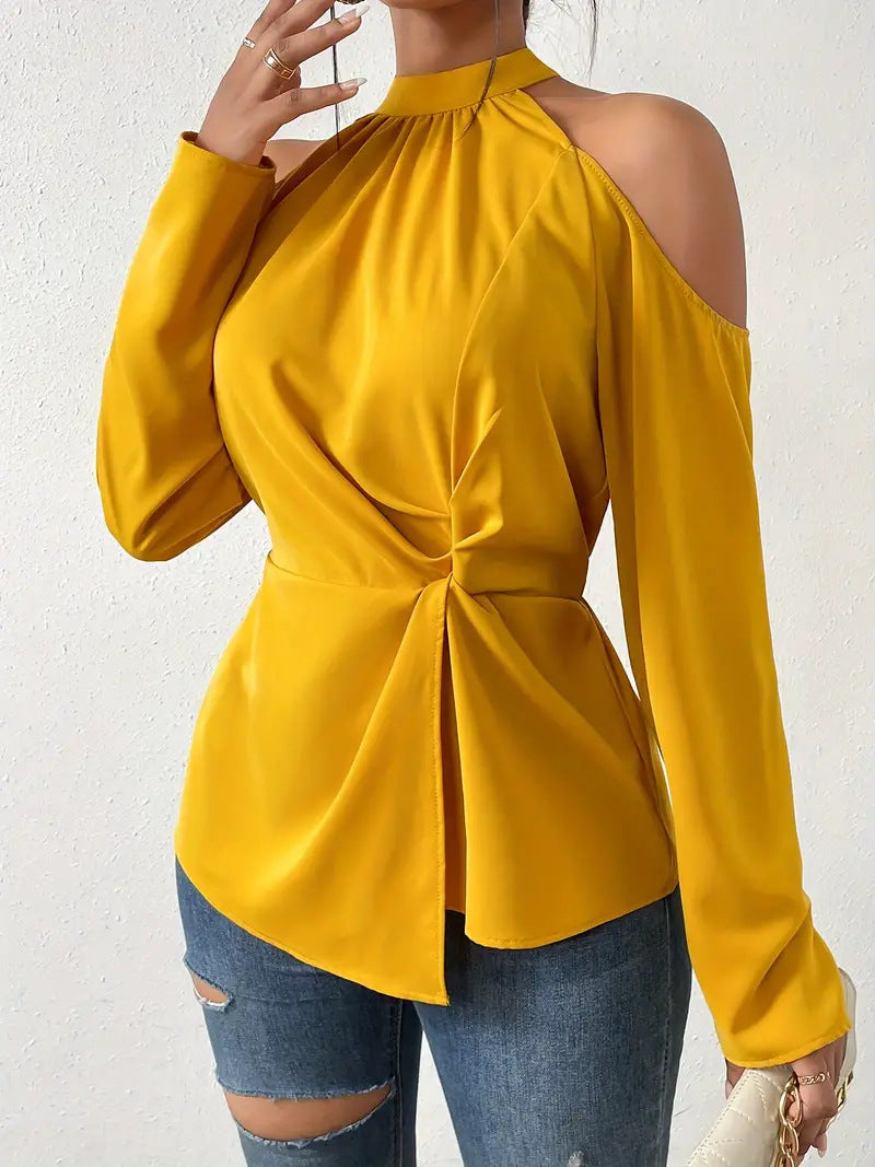 Dame Elegant Bluse med skulderfri detaljer og indpakningsdesign Stilla