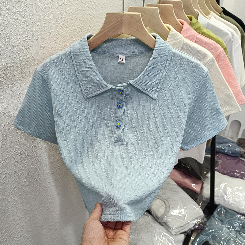 Dame Struktureret Korte Ærmer Polo T-shirt med Blomsterknapper Stilla