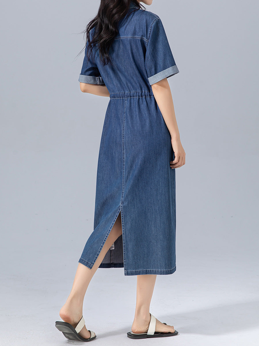 Dame Denim-skjortekjole med tætsiddende snit og praktiske lommer Stilla