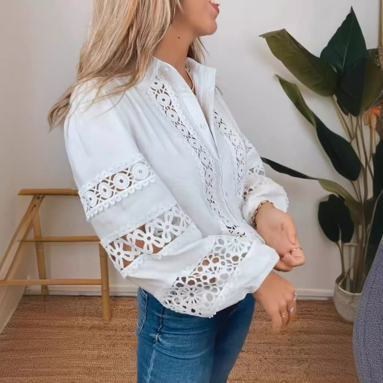 Dame elegant bluse med detaljerig spidsbroderi Stilla