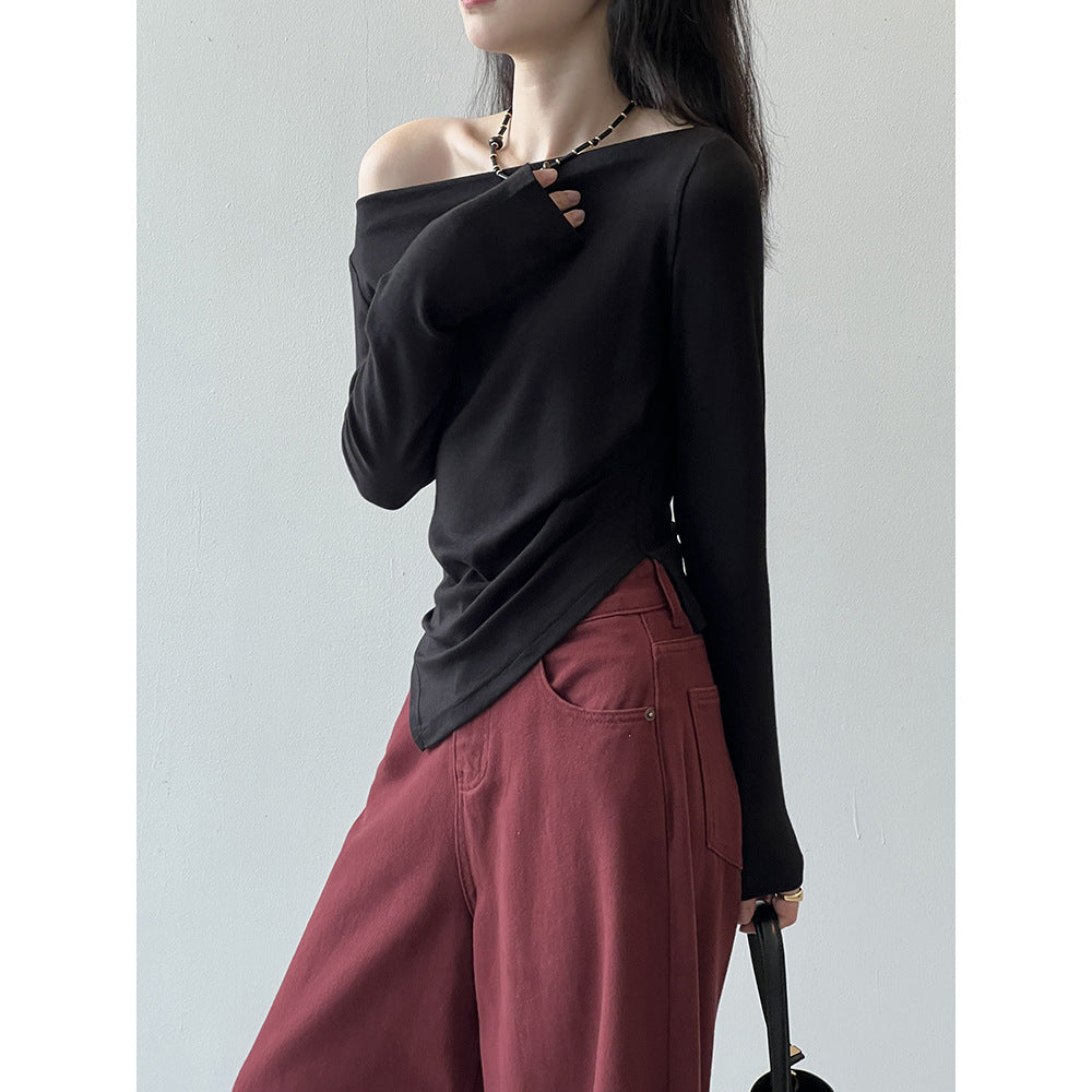 Dame afslappet langærmet skjorte med asymmetrisk snit og raffineret draperingsdesign Stilla