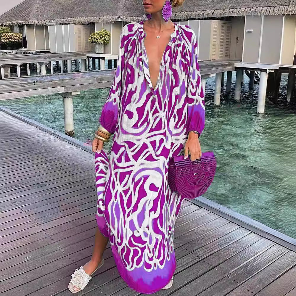 Dame afslappet strandkjole med dyb V-hals og moderne mønstre Stilla