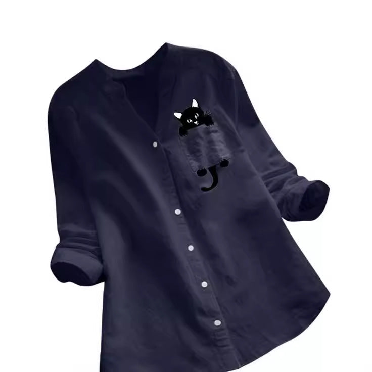 Dame afslappet skjorte med kattemotiv Stilla