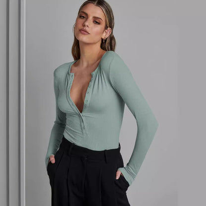 Dame Langærmet Bodysuit med dyb udskæring og knapdetalje Stilla