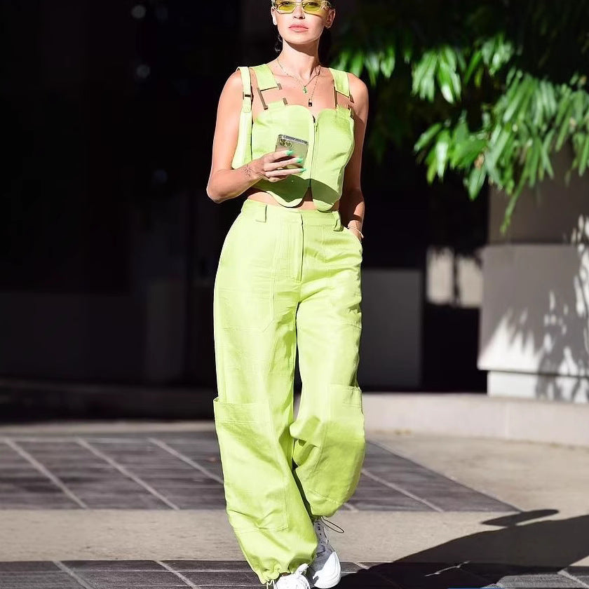 Dame Cropped Top og brede Bukser med Lommer Stilla