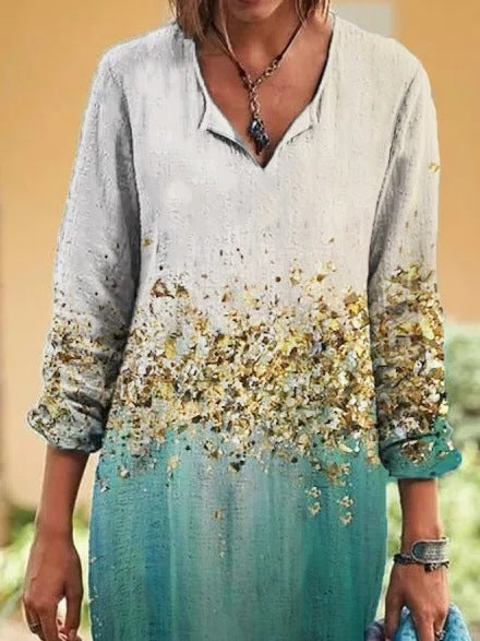 Dame afslappet langærmet kjole med dyb V-udskæring og unik farvegradient Stilla