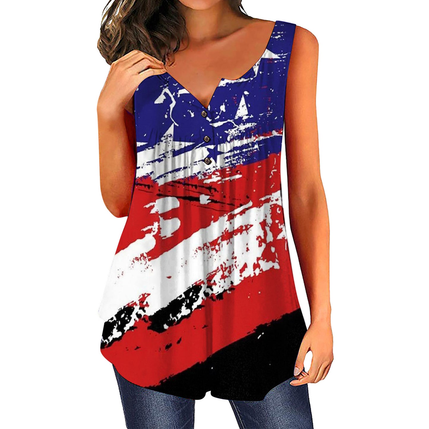 Dame afslappet bluse med knapliste og flagmotiv Stilla