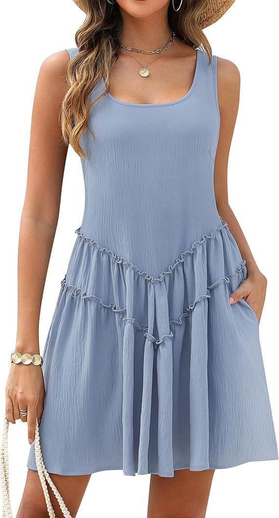 Dame afslappet fritidskjole med flæsedetaljer og praktiske lommer Stilla