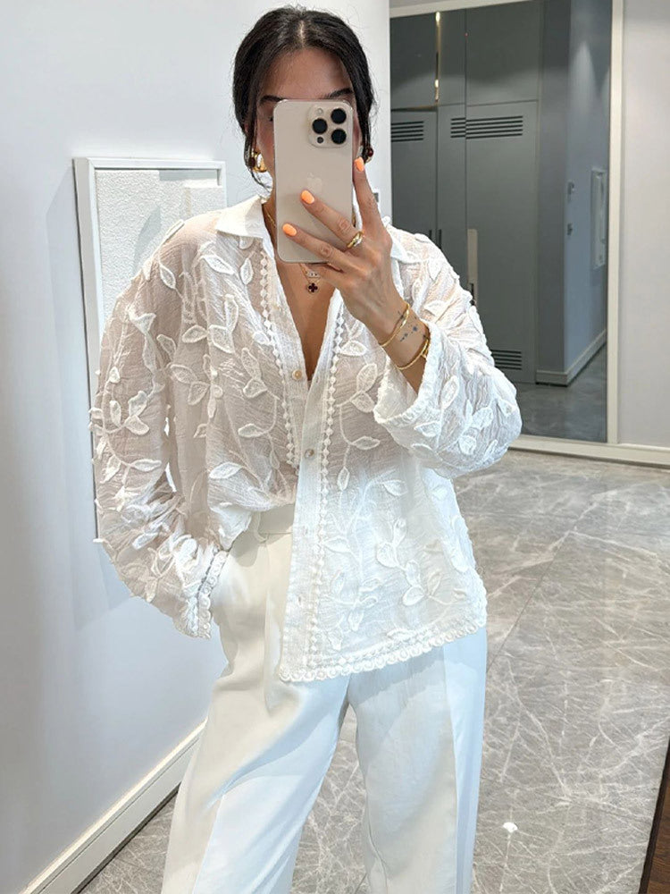 Dame afslappet bluse med blomstret hæklemønster Stilla