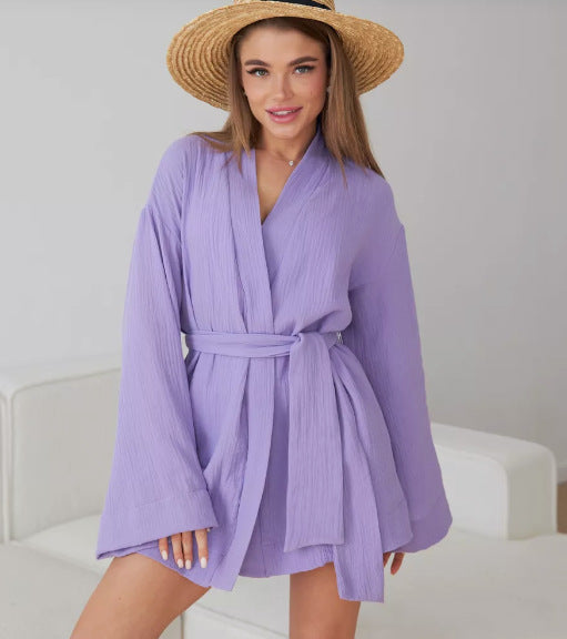 Dame afslappet Kimono-jakke med bælte og åbne ærmer Stilla