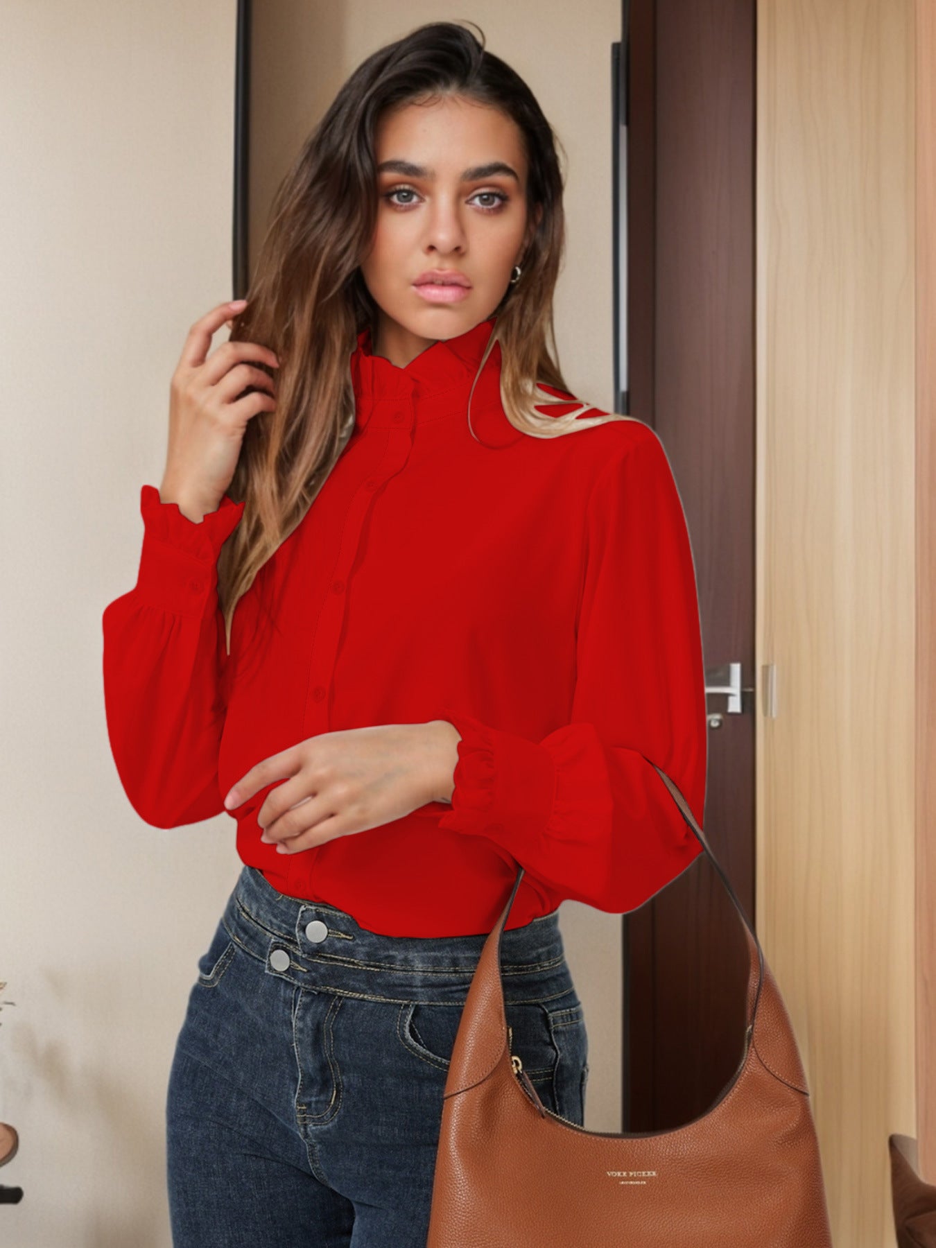 Dame elegant bluse med flæser Stilla