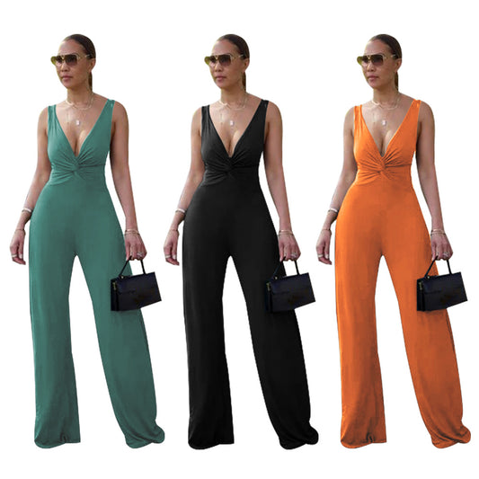 Dame elegant V-hals jumpsuit med bred ben og figursyet design Stilla