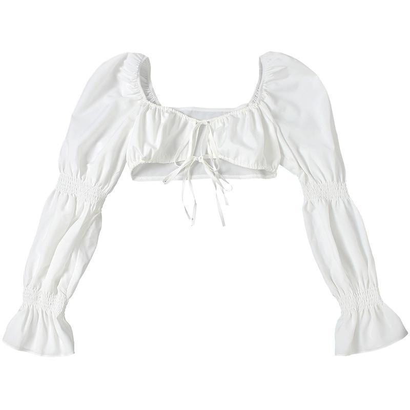 Dame Cropped Bluse med Puffærmer og Rynk Stilla