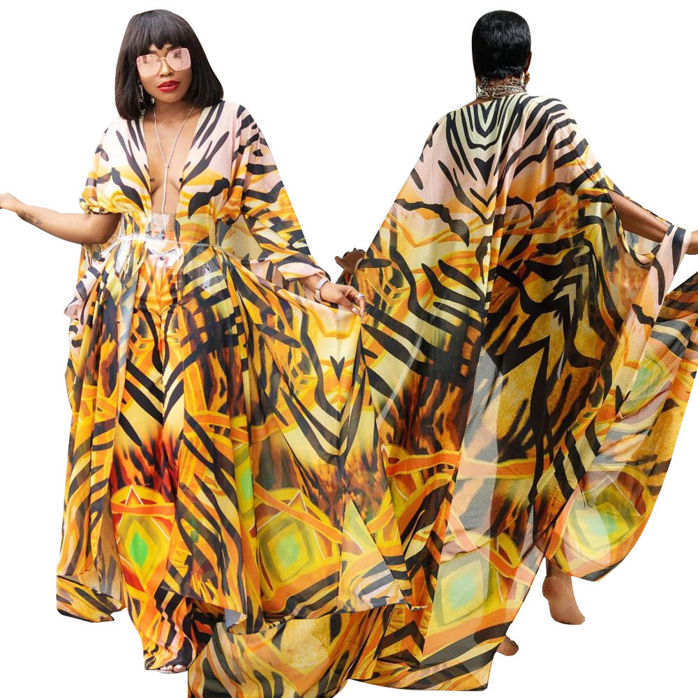 Dame Strand-Kimono med kunstnerisk slange motiv og vide ærmer Stilla