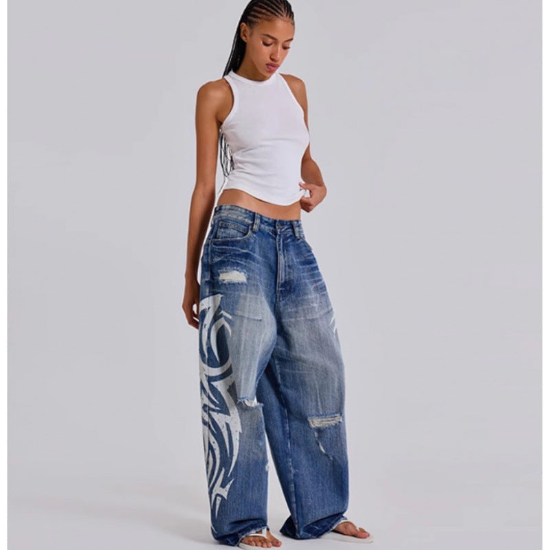 Dame distressed løs denim jeans med grafik Stilla