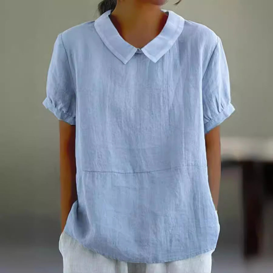 Dame afslappet hørbluse med klassisk krave og halvlange ærmer Stilla