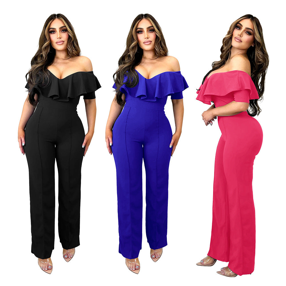 Dame elegant jumpsuit med flæset udskæring Stilla
