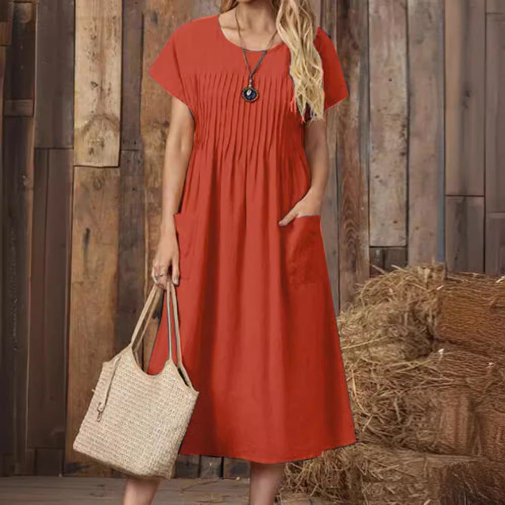 Dame afslappet midikjole med lommer og folder Stilla