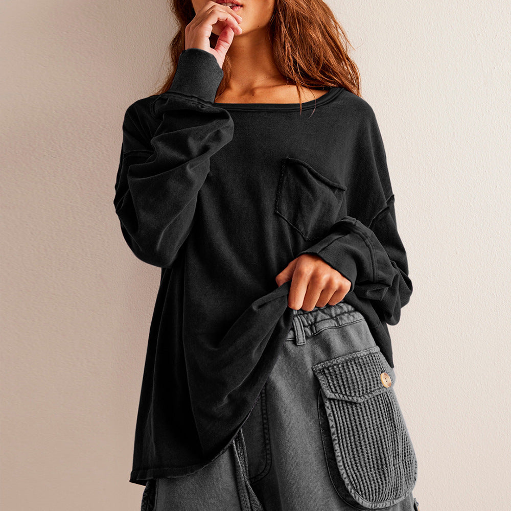 Dame afslappet langærmet skjorte med brystlomme og oversized snit Stilla