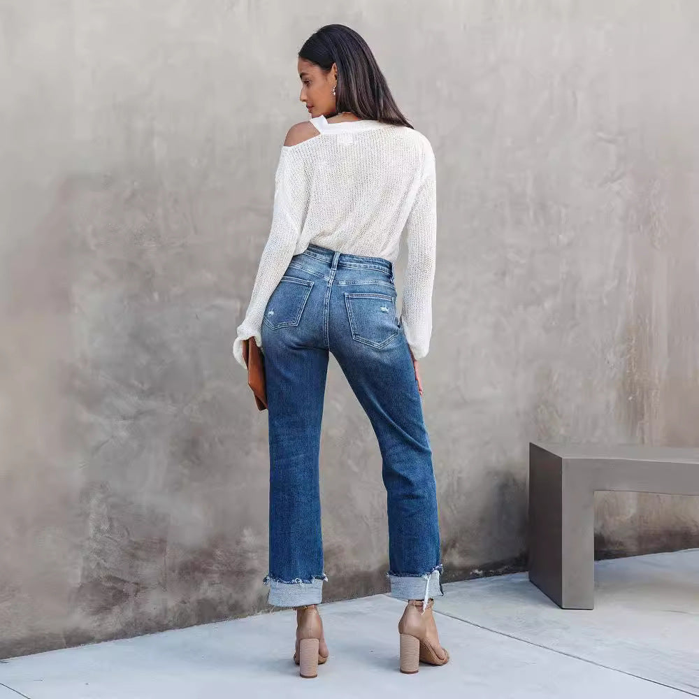 Dame High-Waist Jeans med afslappet Wide-Leg-snit og frynset ender Stilla