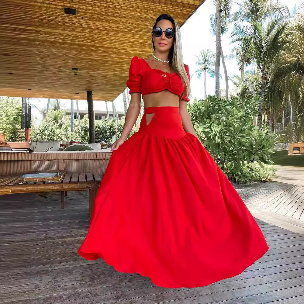 Dame Crop-Top og Maxiskørt Ensemble med Puffærmer og dyb udskæring Stilla