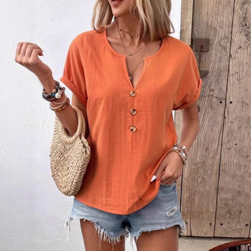 Dame afslappet kortærmet bluse top med knaplukning og V-hals Stilla