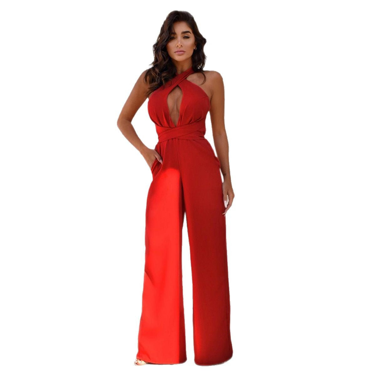 Dame jumpsuit med elegant V-udskæring og raffinerede knude detaljer Stilla
