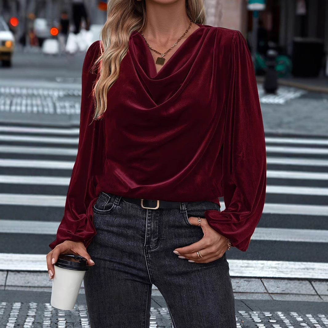 Dame elegant bluse med draperet udskæring og ballonærmer Stilla
