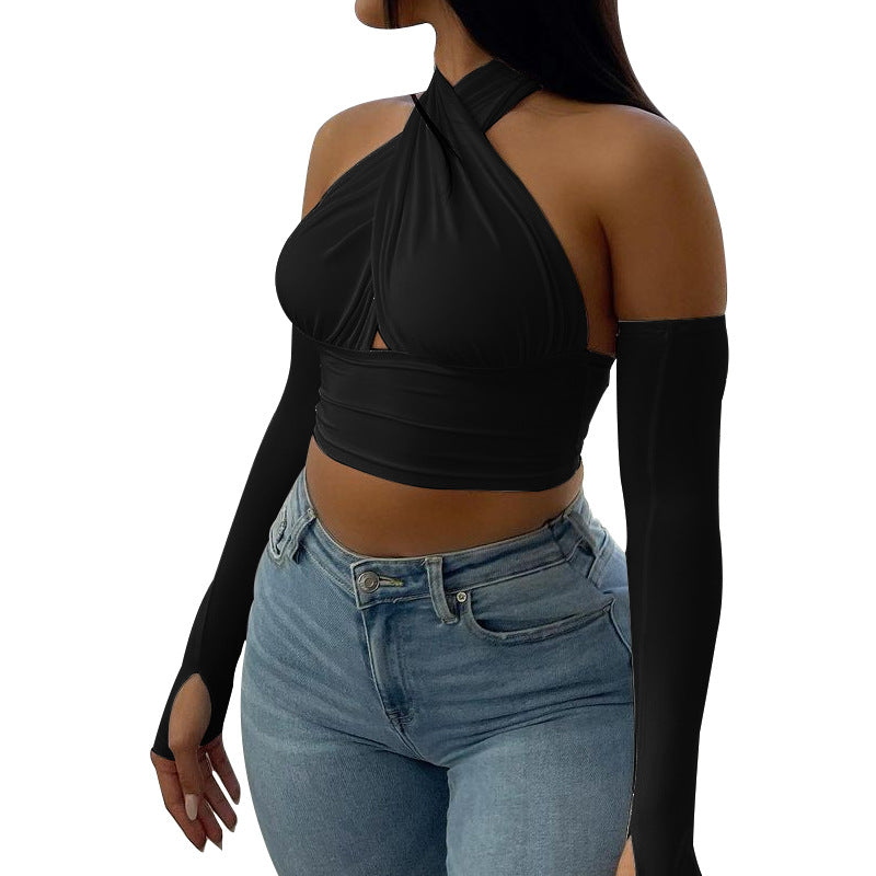 Dame Cropped Top med skulderfri ærmer og raffineret omslagseffekt Stilla