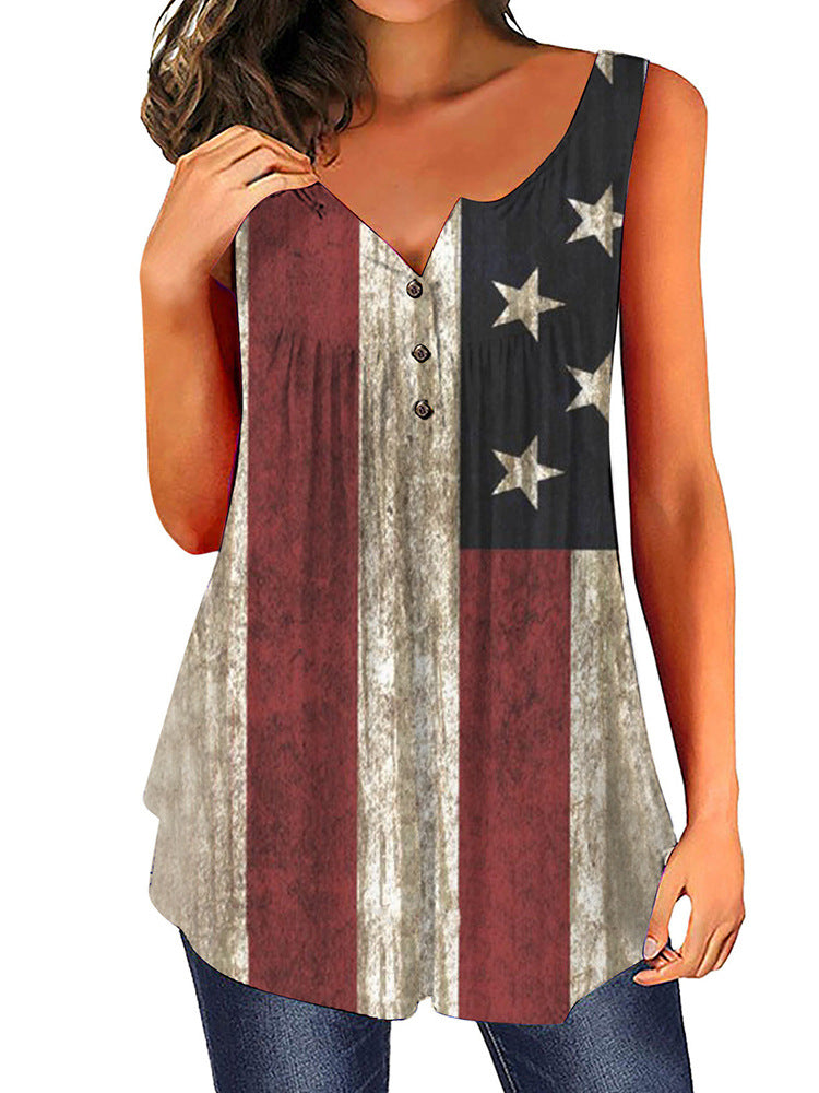 Dame afslappet bluse med knapliste og flagmotiv Stilla