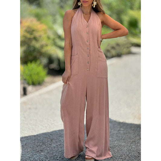 Dame jumpsuit med brede ben og knapdetaljer Stilla