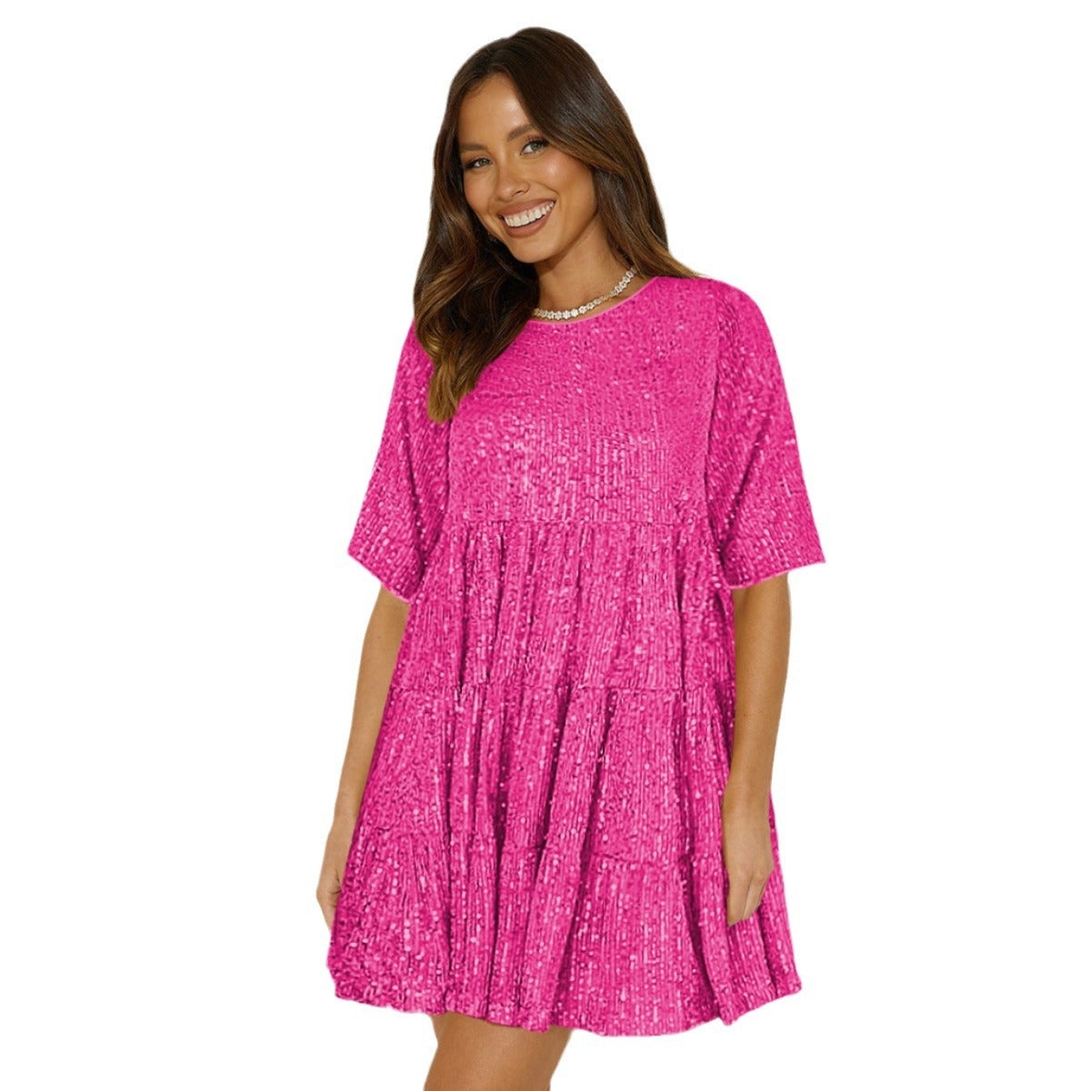 Dame afslappet kortærmet kjole i let bomuldsblanding med elastisk taljebånd Stilla