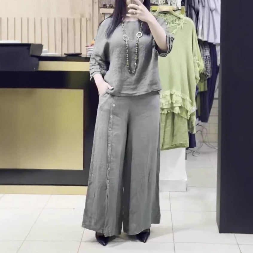 Dame afslappet linned sæt med løsskåret overdel og palazzo bukser Stiila