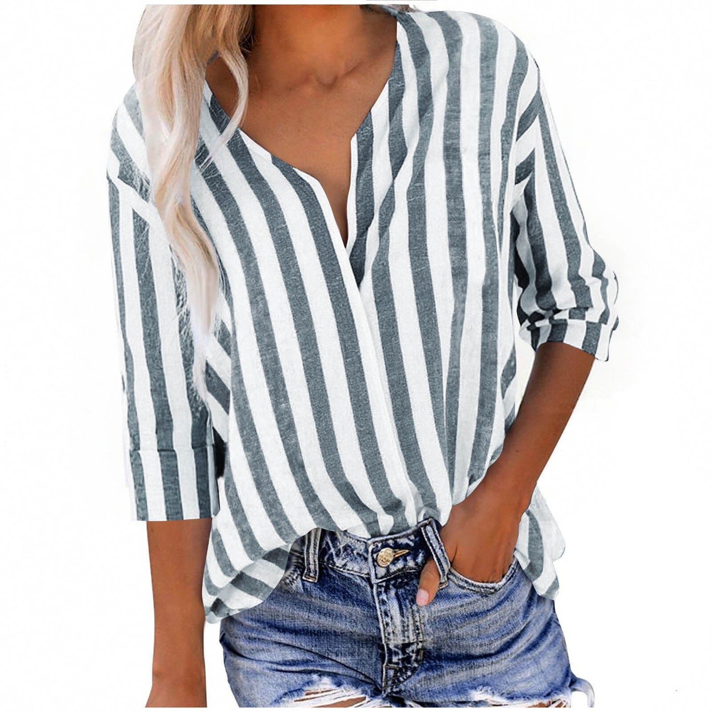 Dame afslappet linnedbluse med stribemønster og 3/4-ærmer Stilla