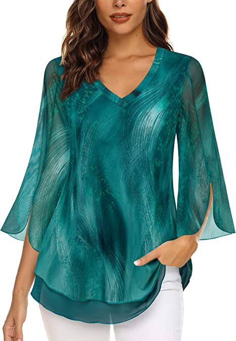 Dame elegant chiffonbluse med florale applikationer og bred ærme Stilla