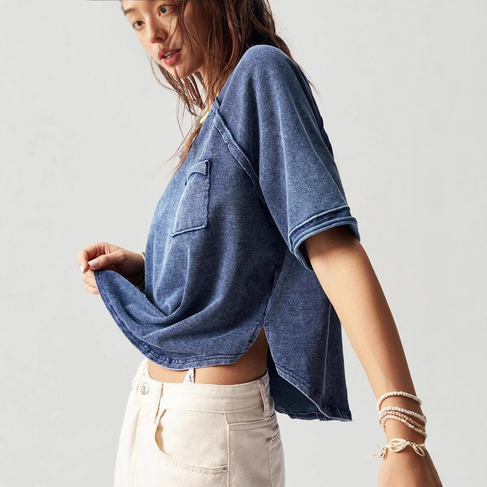 Dame afslappet oversized V-hals T-shirt med brystlomme Stilla