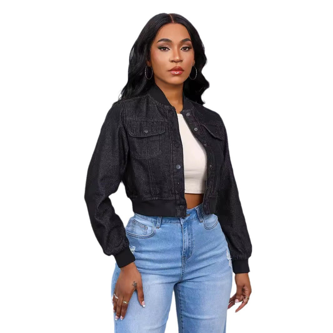 Dame cropped Denim-jakke med praktiske lommer og elastiske manchetter Stilla