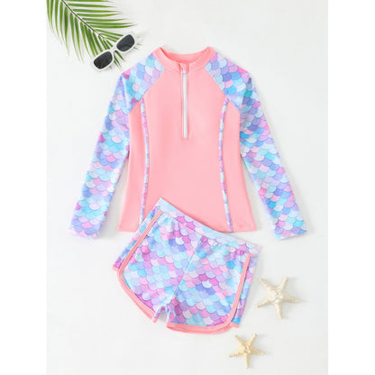 Dame UV-beskyttelse badetøj sæt med lynlås og stilfuldt havfrue-mønster Stilla