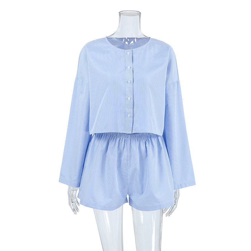 Dame afslappet cropped bluse- og shorts-sæt med vidde skårne ærmer og knapdetaljer Stilla