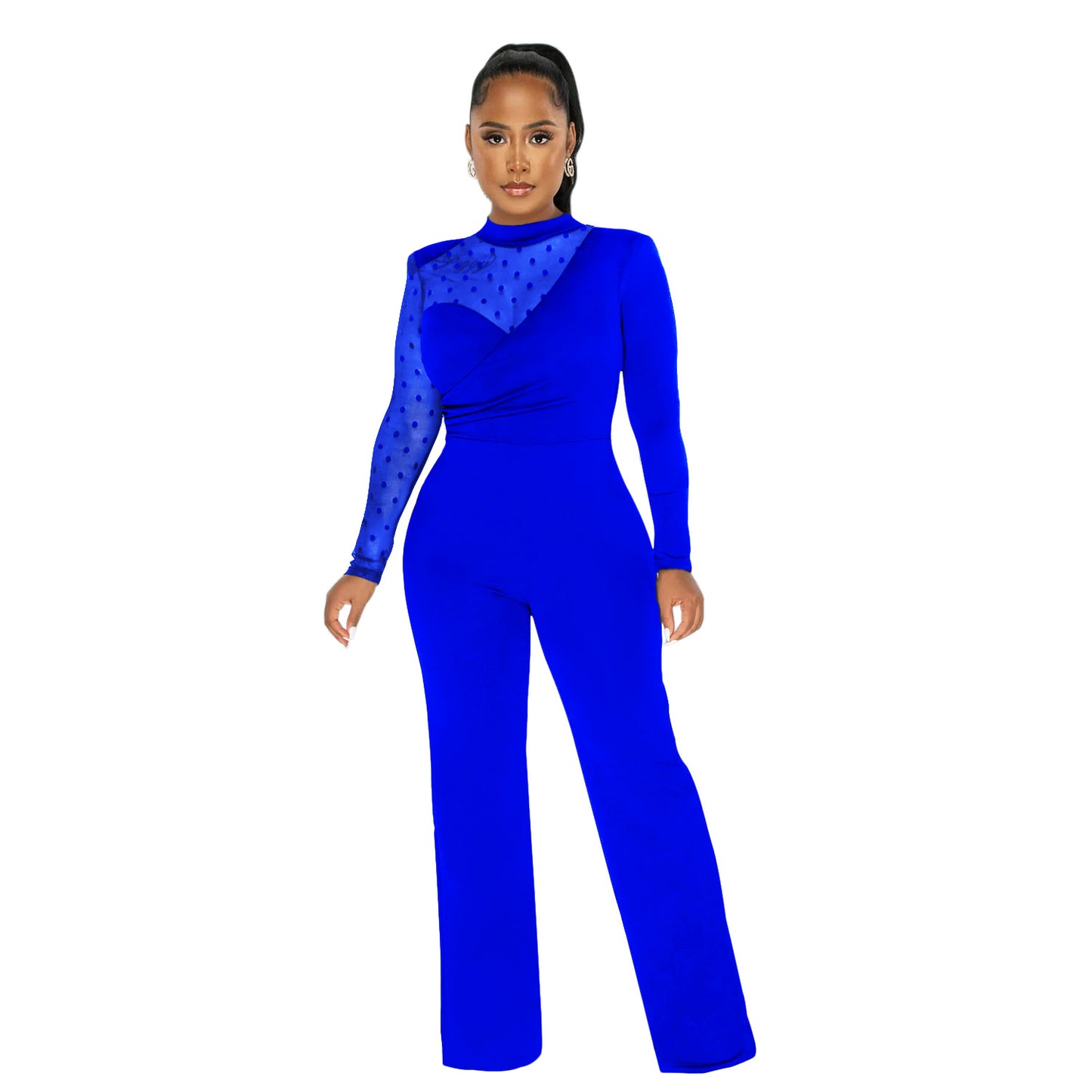 Dame Elegant Jumpsuit med transparente ærmer og stilfuld indpakningsdesign Stilla