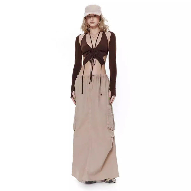 Dame Cropped Langærmet Top med Snortræk-detaljer og Cargo-Maxiskørt Stilla