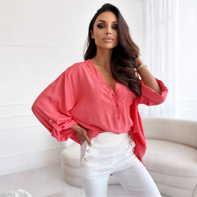 Dame afslappet bluse med knapliste Stilla